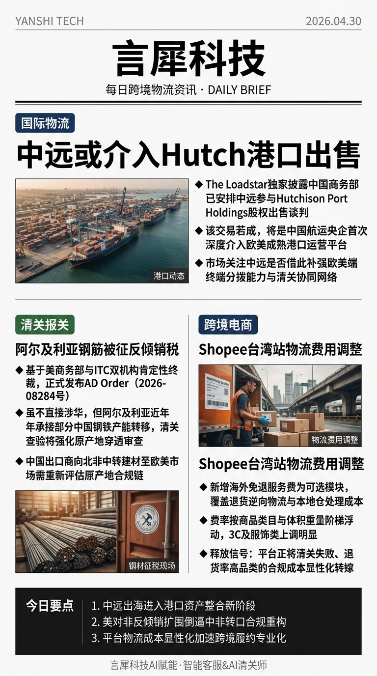 今日跨境物流资讯图 2026年04月30日