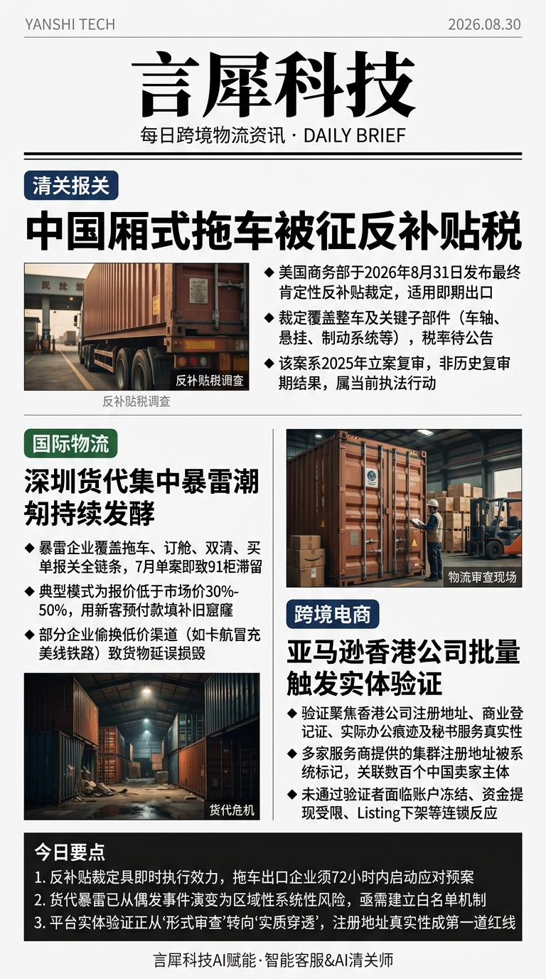 今日跨境物流资讯图 2026年08月30日