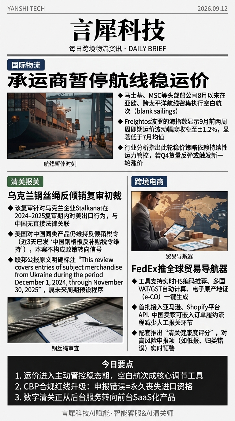 今日跨境物流资讯图 2026年09月12日