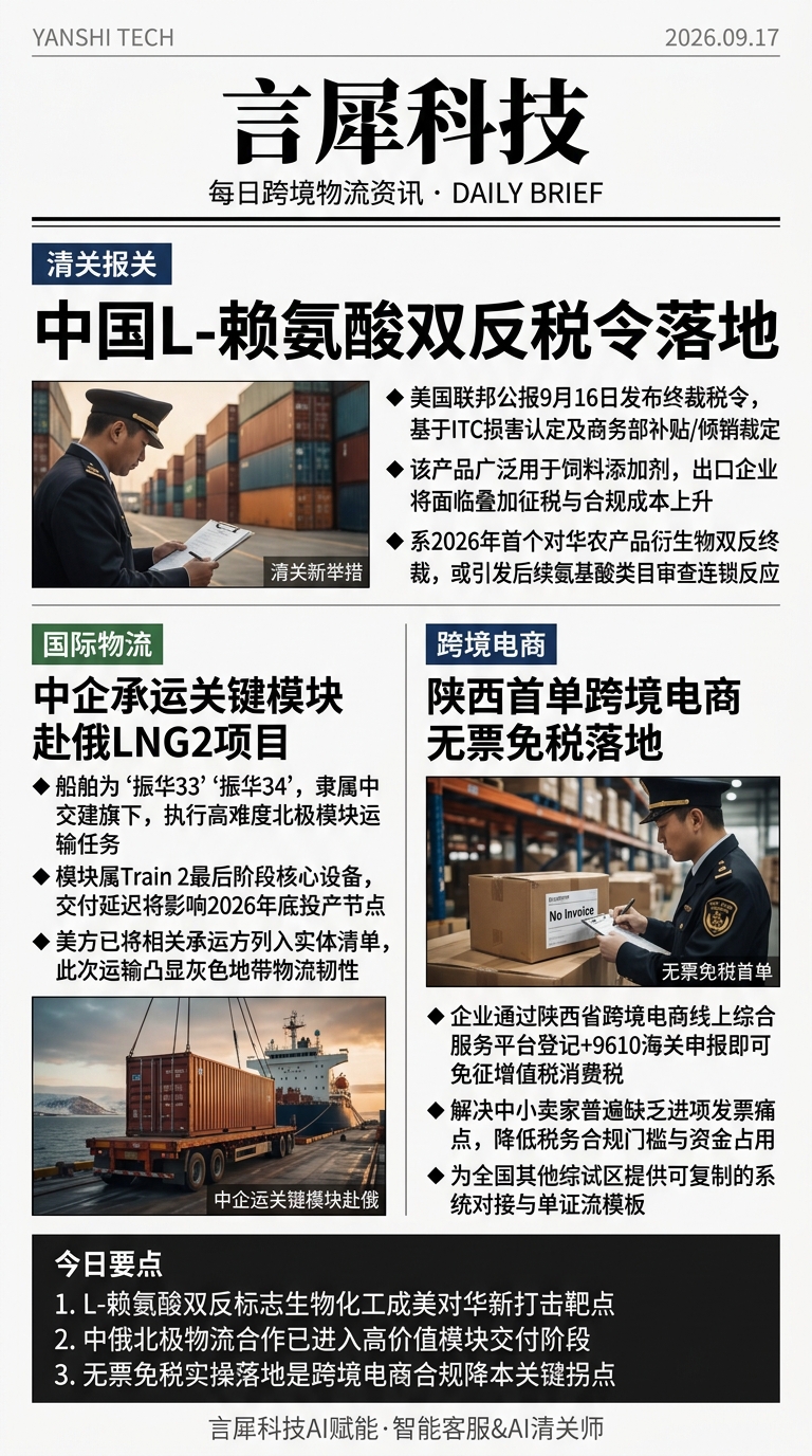 今日跨境物流资讯图 2026年09月17日